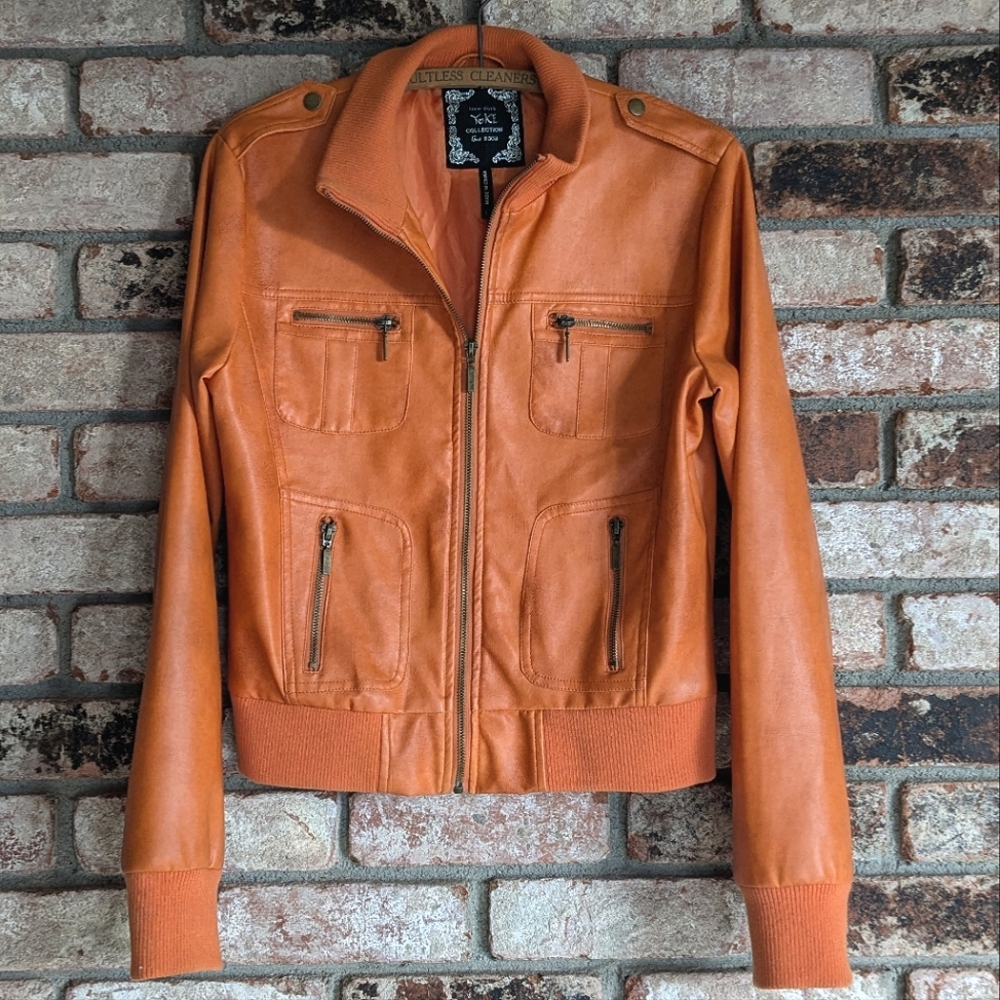 🍂 Orange Faux Leather Moto Jacket Yoki Collection L